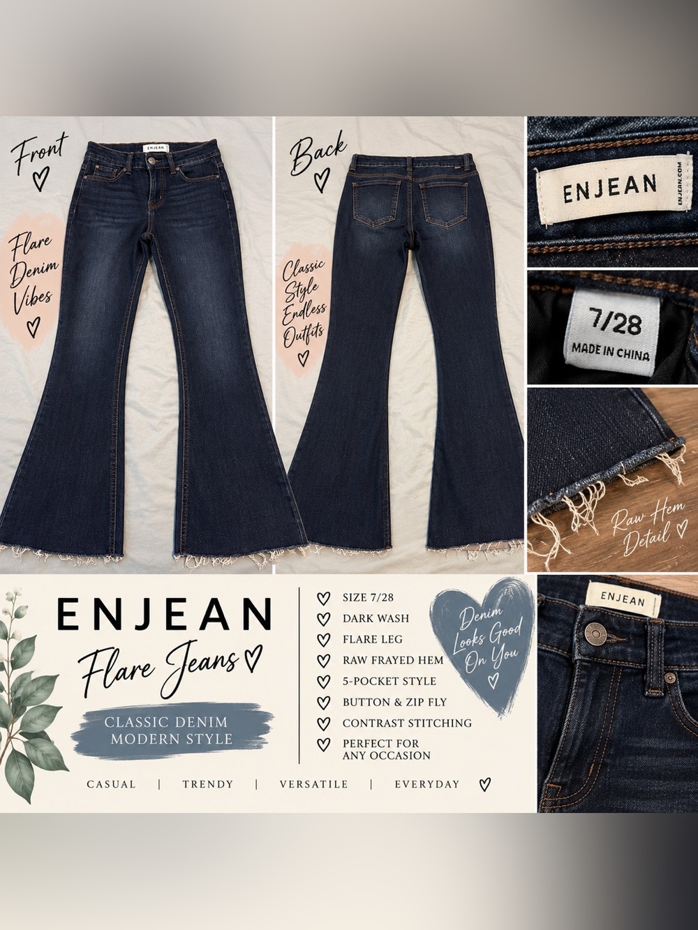 ENJEAN Dark Wash Flare Jeans - Raw Frayed Hem, Size 7/28